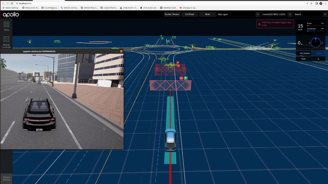 CARLA simulation alongside Apollo visualization of ground-truth obstacles and planned paths.