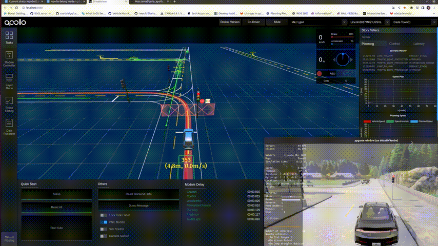 Apollo route and traffic-signal visualization with a CARLA view of a T-intersection.